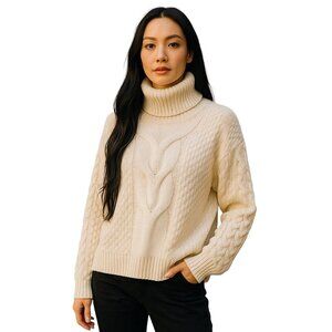 Woven Heart Cream Chunky Knit Turtleneck Sweater M NWT | Cable Sleeve Pullover